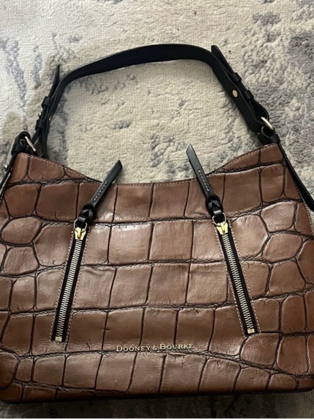 Dooney & Bourke Brown Croc-Embossed Shoulder Bag with Black Strap